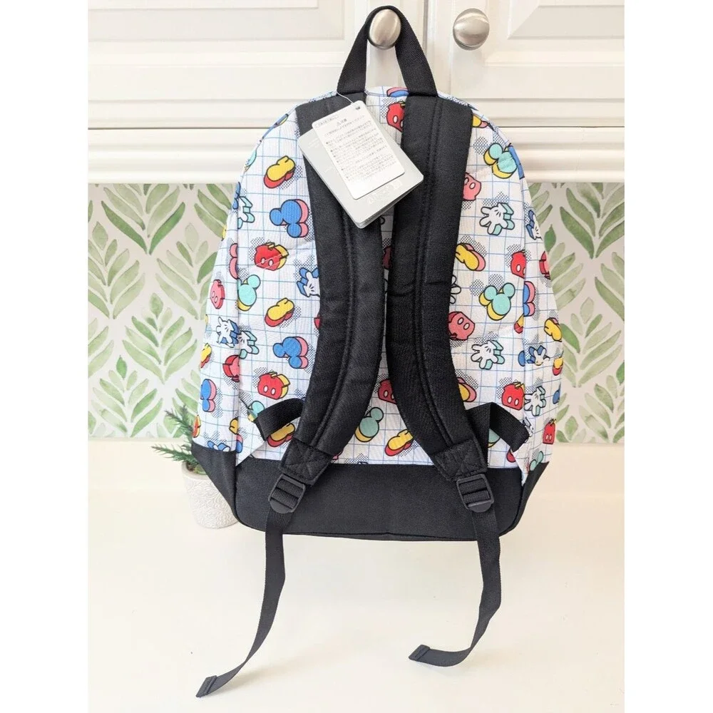 Mickey Mouse Disney White Backpack with Blue, Red, Yellow, Pink, Green Icons NWT